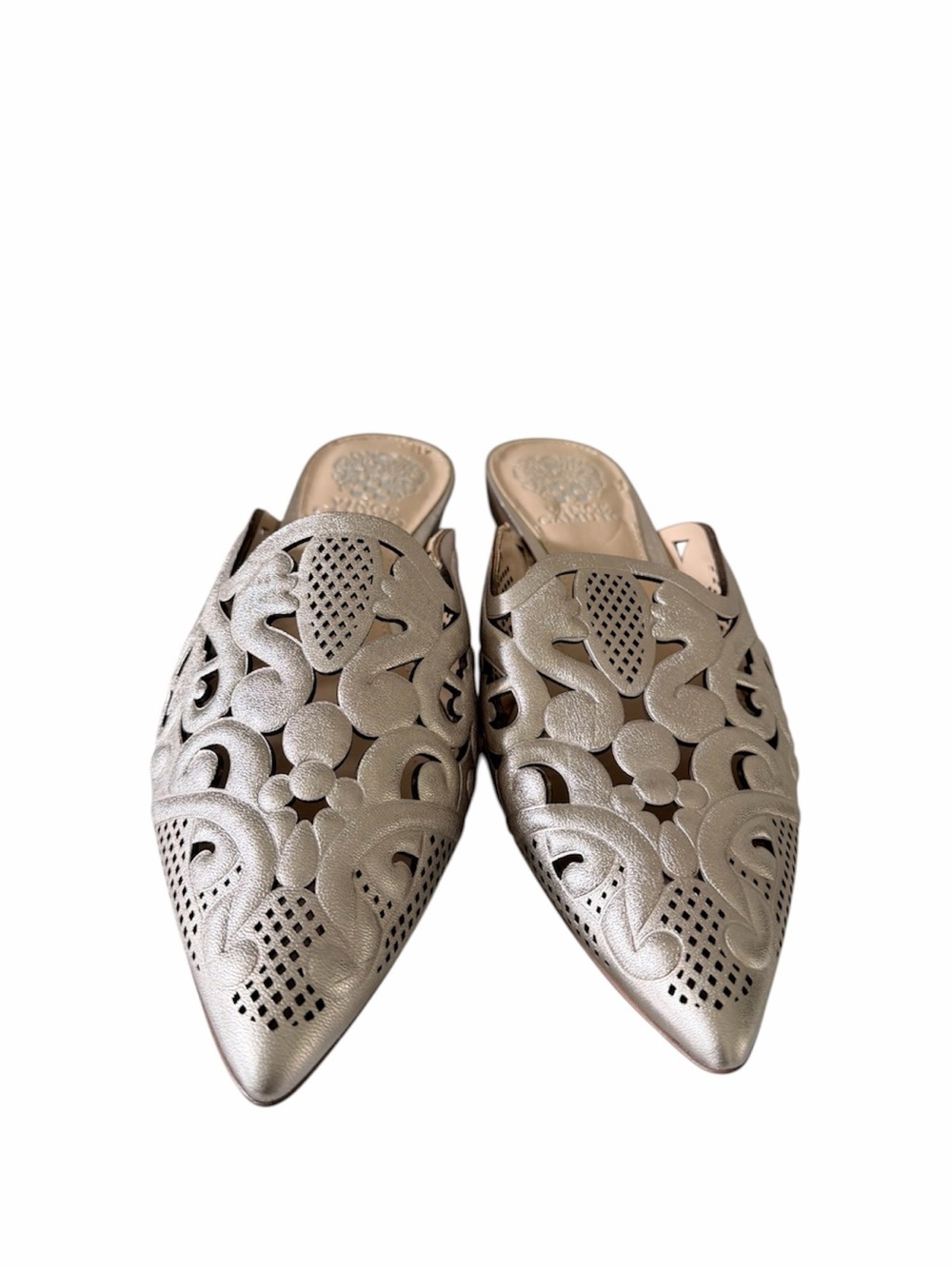 Vince Camuto Meekel Rose Silver Cutout Leather Pointed Toe Mules Size 7